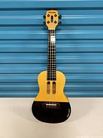 Front view of complete ukulele showing body, neck, headstock, sound holes and logo