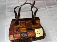 Front view of patchwork leather handbag