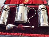 Open presentation box showing two shakers, mustard pot and spoon