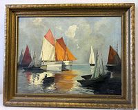 Front view shows entire framed painting with sailboats scene