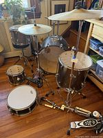 Full drum kit assembled showing bass drum, snare, toms, cymbals, hardware
