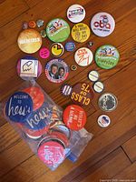 Group shot of all 23 buttons spread on wood floor, some in plastic bag