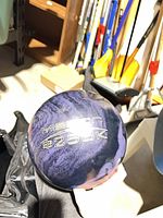 Top view of Ebonite Mission 250K ball showing model marking