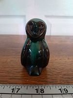 Front view of Blue Mountain Pottery owl with ruler for scale