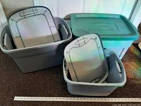 All three tote bins with lids displayed; ruler for scale