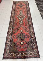 Full view of entire Hamadan runner rug showing pattern and dimensions