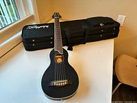 Front view of Washburn Rover guitar on table with case