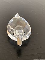 Front view of faceted crystal duck showing beak and eyes