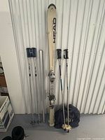 Overall lot showing skis, poles and bag