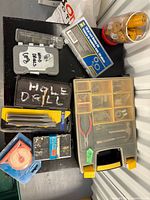 Overview, showing organizer, drill bits, jars, tape, screw boxes