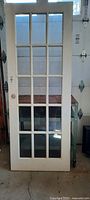 Front view of white French door showing full pane layout and knob hole