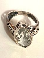 Ring front showing faceted marquise quartz and silver setting