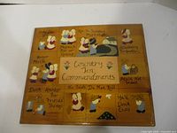 full view of wooden plaque showing all painted panels and text