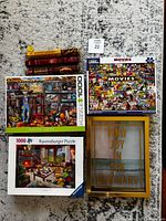 All items overview: three puzzle boxes, framed print, two incense packs