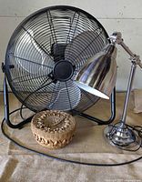 Group shot of fan, lamp and basket