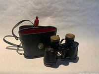 Binoculars with leather case showing external appearance and red interior lining