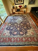 Full view of rug showing pattern, borders and fringe