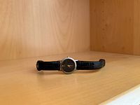 Watch on shelf showing full profile and strap