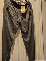 Full view of grey Nike joggers hanging with tags visible