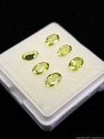 Six oval light green peridot gemstones in display box