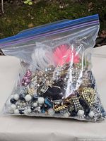 Full view of gallon resealable bag filled with mixed costume jewelry pieces
