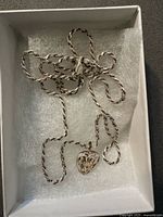 Necklace coiled in box showing rope links, lobster clasp, pendant detail