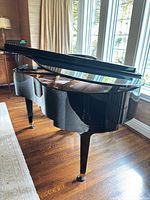 Full view of polished ebony baby grand piano in room