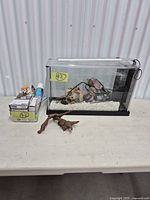 Entire lot showing aquarium, LED lid, gravel, skull décor, artificial plant, driftwood, supplies bin