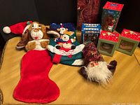 Group shot of all items including boxed ornaments and stockings