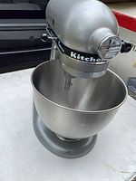 Front angled view of KitchenAid stand mixer with bowl attached