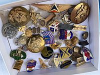 Tray of mixed U.S. Army insignia showing variety of brass and enamel pieces