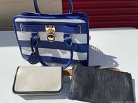 All three items: striped handbag, Calvin Klein wallet, Jessica Simpson clutch