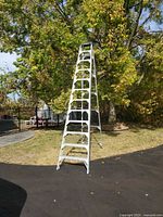 Full view of 12 ft aluminum step ladder standing outdoors