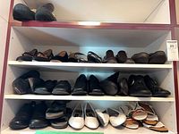 Three shelves full of assorted women’s shoes and sandals
