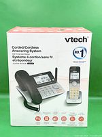 Front of retail box showing VTech corded/cordless answering system, image of corded base and cordless handset