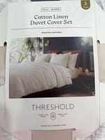 Front of packaged Threshold cotton linen duvet set showing label and size