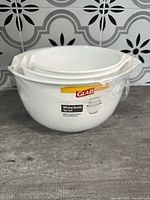 Front view of nested GLAD mixing bowls in factory wrap showing label