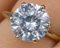 Close view of moissanite stone in six-prong setting on finger