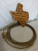 Lasso coiled with Texas plaque resting on top