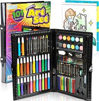 Open art set showing all markers, pencils, paints and accessories in black case with additional boxed set and coloring pad behind