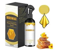 Front view of 120 ml Beeswax Wood Polishing Spray bottle, retail box, honeycomb graphic and illustrative cloth