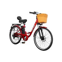 Side view of complete metallic red Daymak Paris V5 e-bike with basket and rear rack