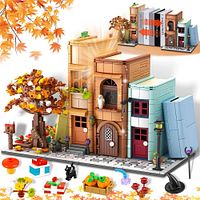 Front view rendering of assembled autumn street bookend diorama with accessories