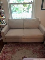 Front view of loveseat showing cushions, arms, legs