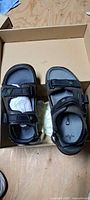 Top view of both sandals inside box showing new condition