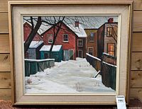 Full view of framed painting showing winter backyard scene and frame