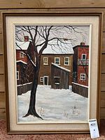 Full view of framed winter backyard oil painting