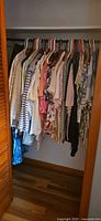 Closet rod with about 25 women’s garments on hangers, various styles and colors visible