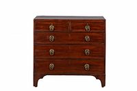 Front view shows five drawers, brass hardware, bracket feet