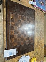 Top view of entire wooden chess board on table